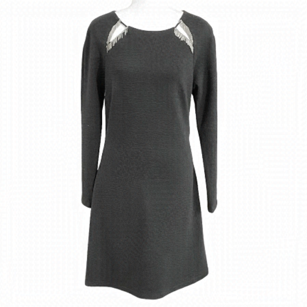 EVA KAYAN GREY METALLIC FRINGE SHIFT DRESS - XS